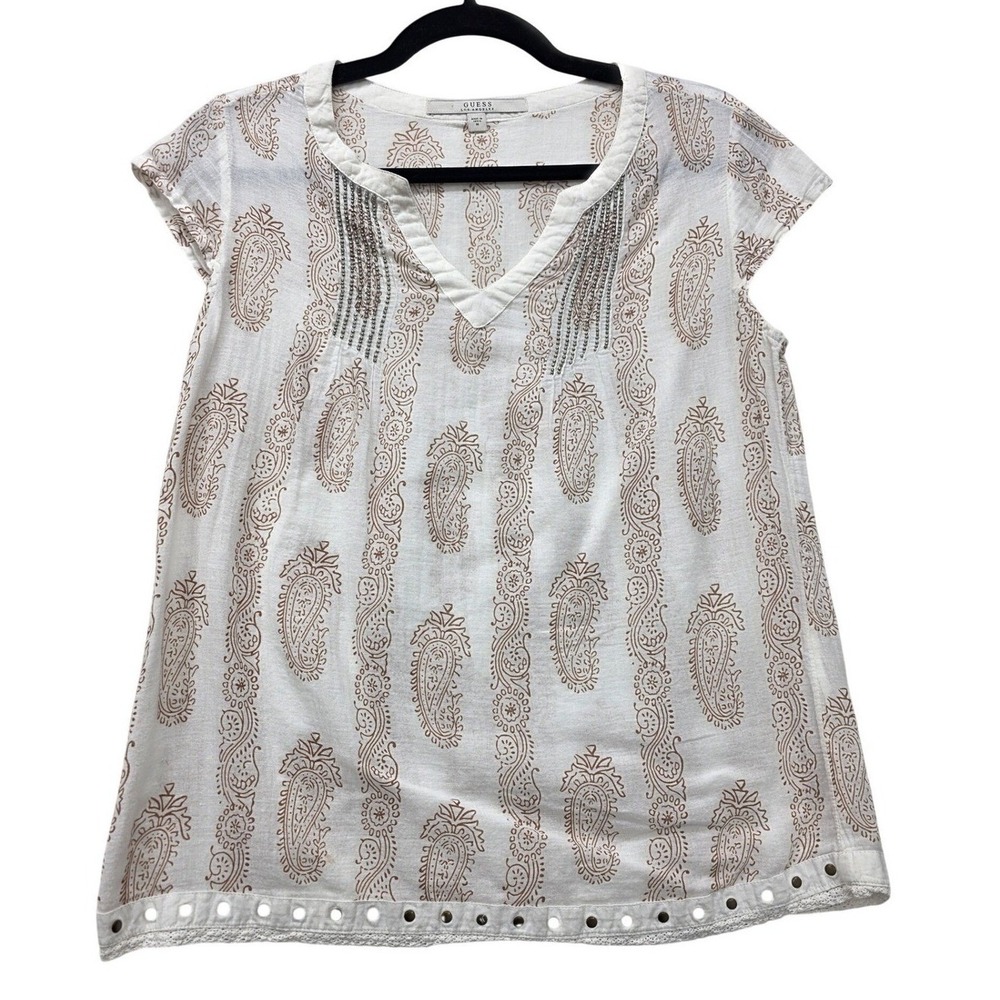 Guess Los Angeles Womens Paisley Beaded V-Neck Tunic Top White Brown Medium
